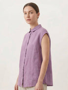 100% linen two-way button blouse with Peter Pan collar and cap sleeves in relaxed A-line fit