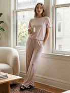 Cotton-Linen lounge set with cropped short-sleeve and long-sleeve tops paired with wide-leg pants
