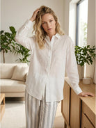 White Ramie Linen-Lyocell embroidered long sleeve shirt with curved hem and side slits