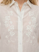 White Ramie Linen-Lyocell blend embroidered tunic shirt with curved hem and side slits