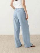 100% linen wide-leg pants with high-rise elastic waist and side pockets