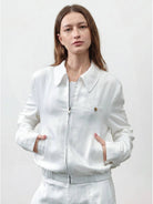 Cropped Linen-Lyocell zip bomber jacket with ribbed waistband and chest pocket