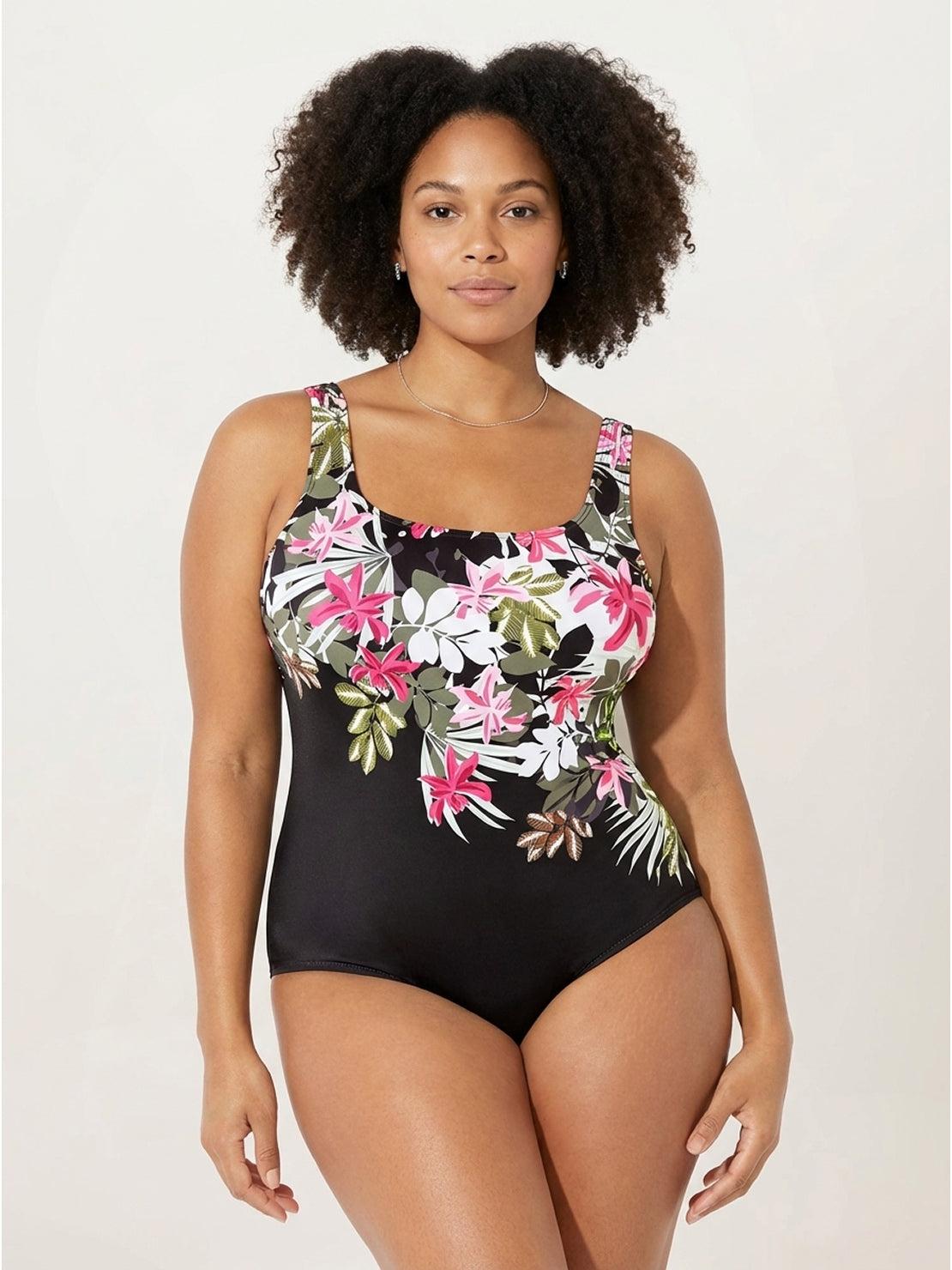 Black Curve-Fit Open-Back Swimsuit with scoop front and adjustable straps