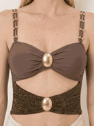 Gold-detail cutout one-piece swimsuit with ruched panels and midi wrap skirt beach cover-up