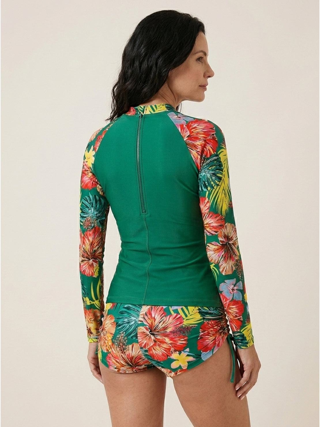 Tropical print rash guard set with long raglan sleeves and boy-cut swim shorts with hip ties