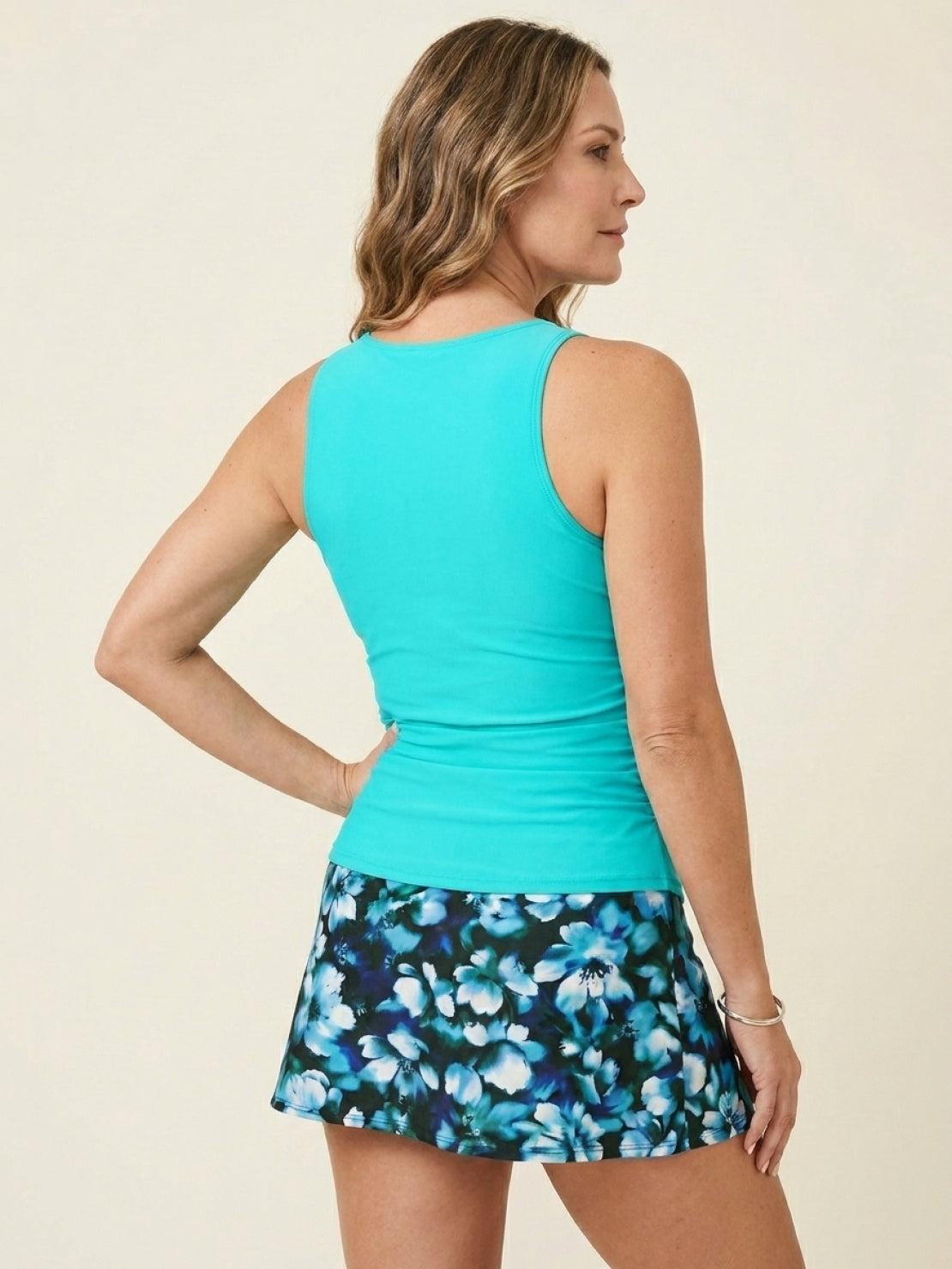 High-neck ruched tankini set with relaxed fit and built-in brief for swimming and beachwear