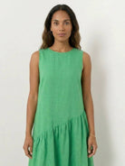 Lightweight cotton-linen summer midi dress with tiered skirt and round neckline in relaxed fit