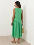 Lightweight cotton-linen summer midi dress with tiered skirt and round neckline in relaxed fit