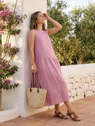 Lightweight cotton-linen summer midi dress with tiered skirt and round neckline in relaxed fit