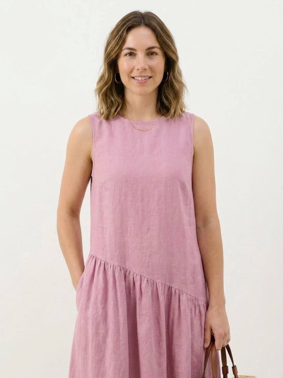 Lightweight 100% cotton-linen summer midi dress with tiered skirt and dropped waist in relaxed fit