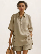 Lightweight 100% cotton co-ord with oversized button-front top and relaxed shorts in beige