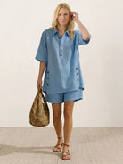 100% cotton beige co-ord set with oversized button-front top and relaxed shorts