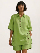 100% cotton oversized button-front co-ord set with relaxed shorts in multiple colors