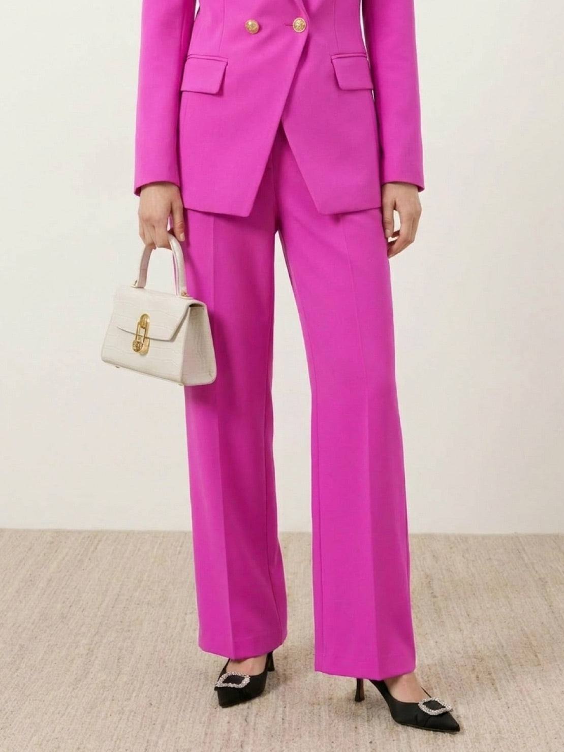 Double-breasted blazer with gold lion-head buttons and wide-leg trousers co-ord set in structured suiting fabric