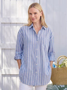 Oversized linen shirt in coastal stripe with relaxed fit and back pleat detail