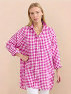 Oversized raspberry gingham linen shirt with back-pleat button detail and relaxed fit