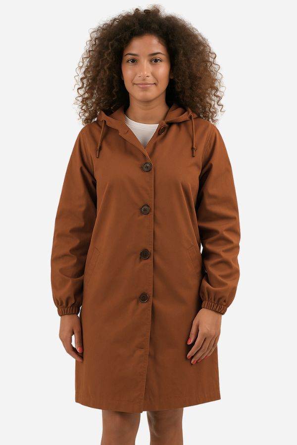 Water Resistant Oversized Windbreaker rain jacket in brown with hood and button closure worn by woman