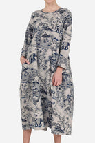 Blue Japanese porcelain print midi dress with 3/4 sleeves and oversized pockets