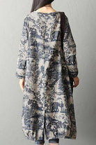 Blue Japanese porcelain print midi dress with 3/4 sleeves and two front pockets