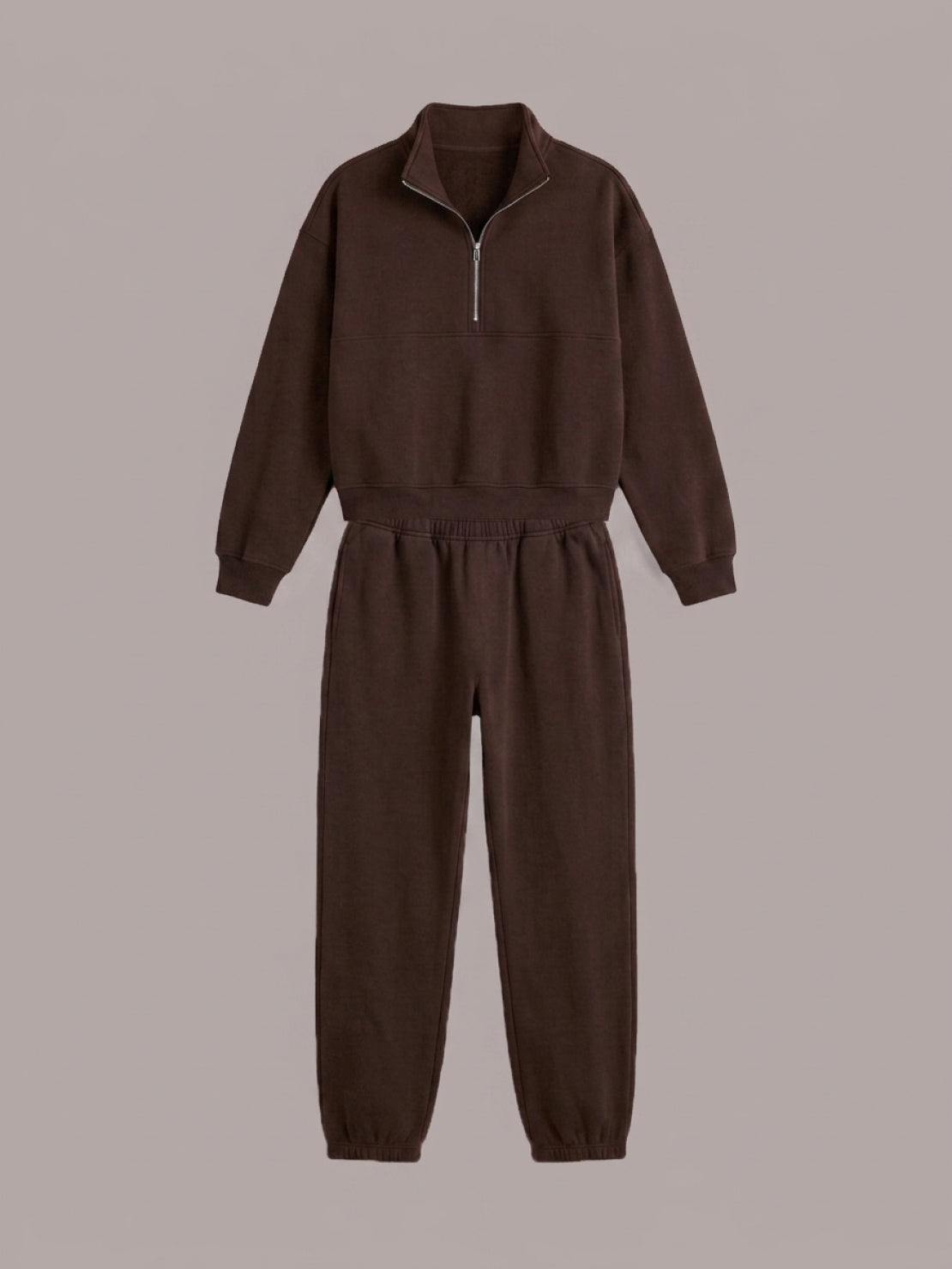 Cotton-blended two-piece tracksuit with high collar, zip front, relaxed fit, and straight-leg pants