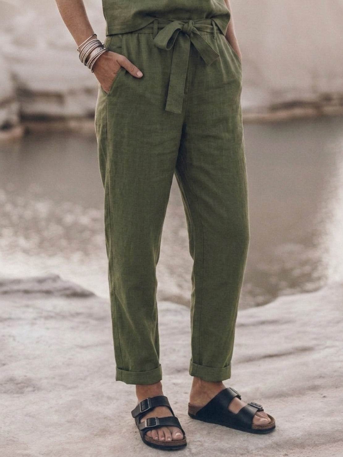 Cotton-linen monochrome outfit with relaxed longline top and wide-leg pants in soft natural fabric