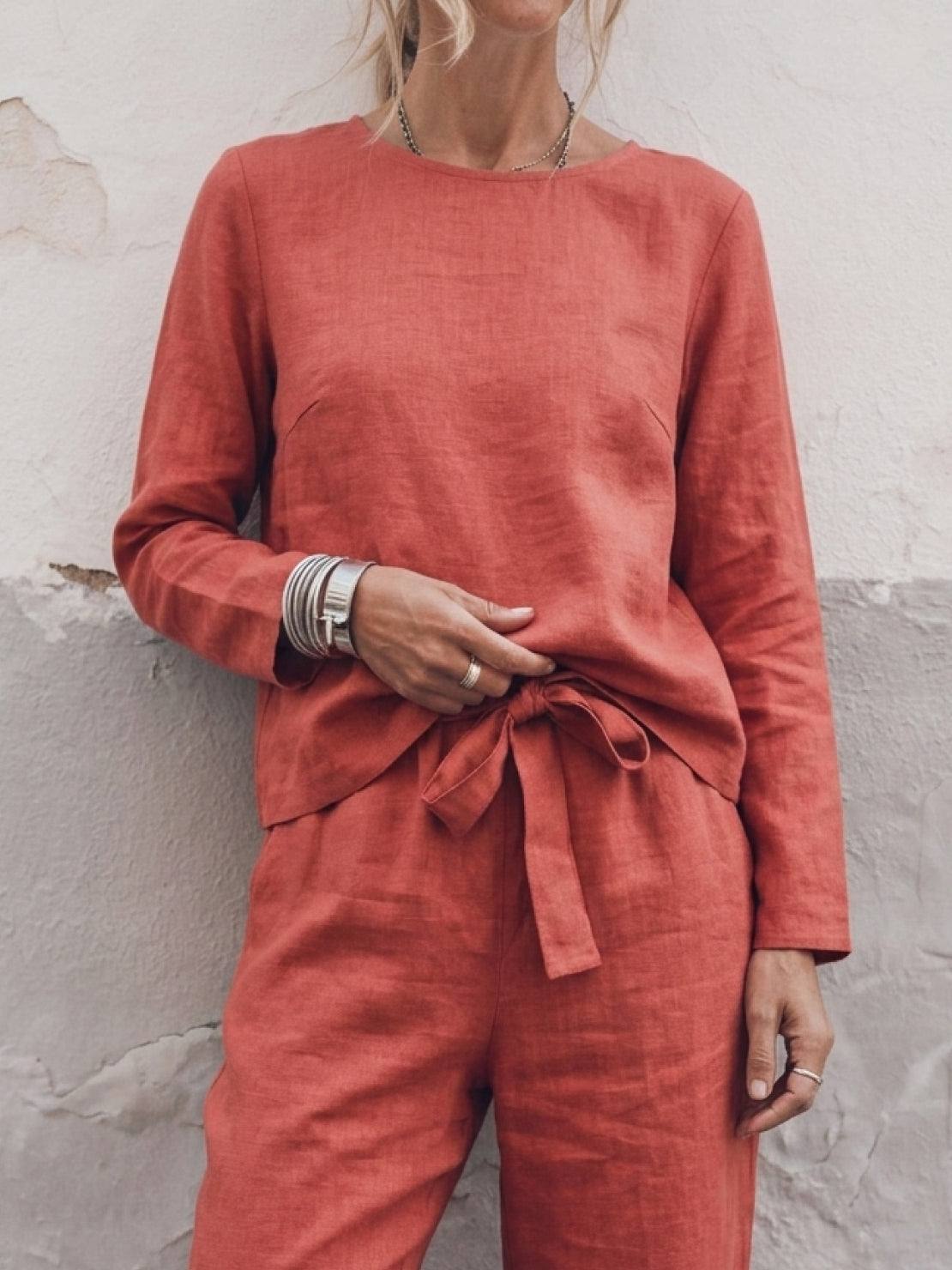 Woman wearing relaxed cotton-linen monochrome longline top and wide-leg pants set