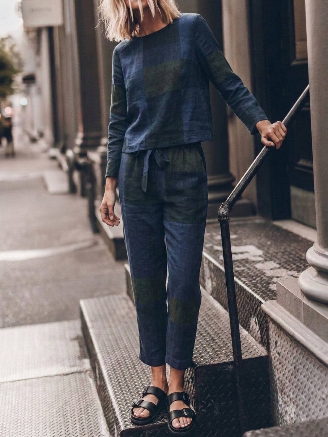 Woman wearing Cotton-Linen Monochrome relaxed longline top and wide-leg pants set in neutral tones