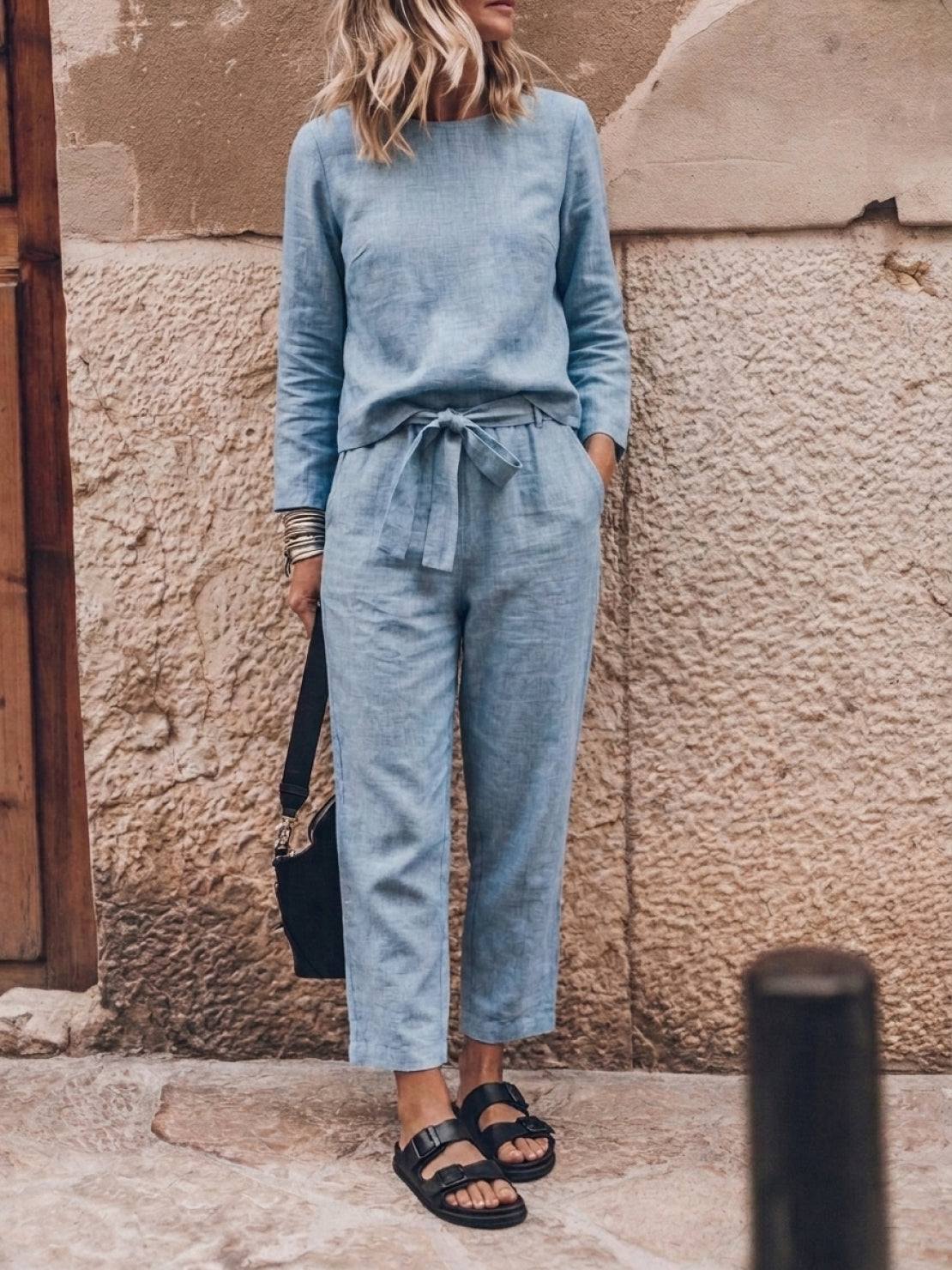 Cotton-linen monochrome relaxed longline top and wide-leg pants set on model