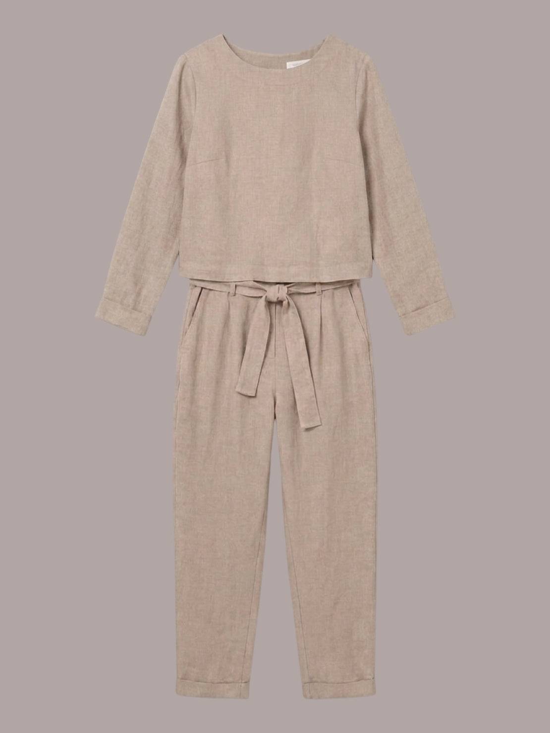 Woman wearing relaxed cotton-linen monochrome longline top and wide-leg pants set