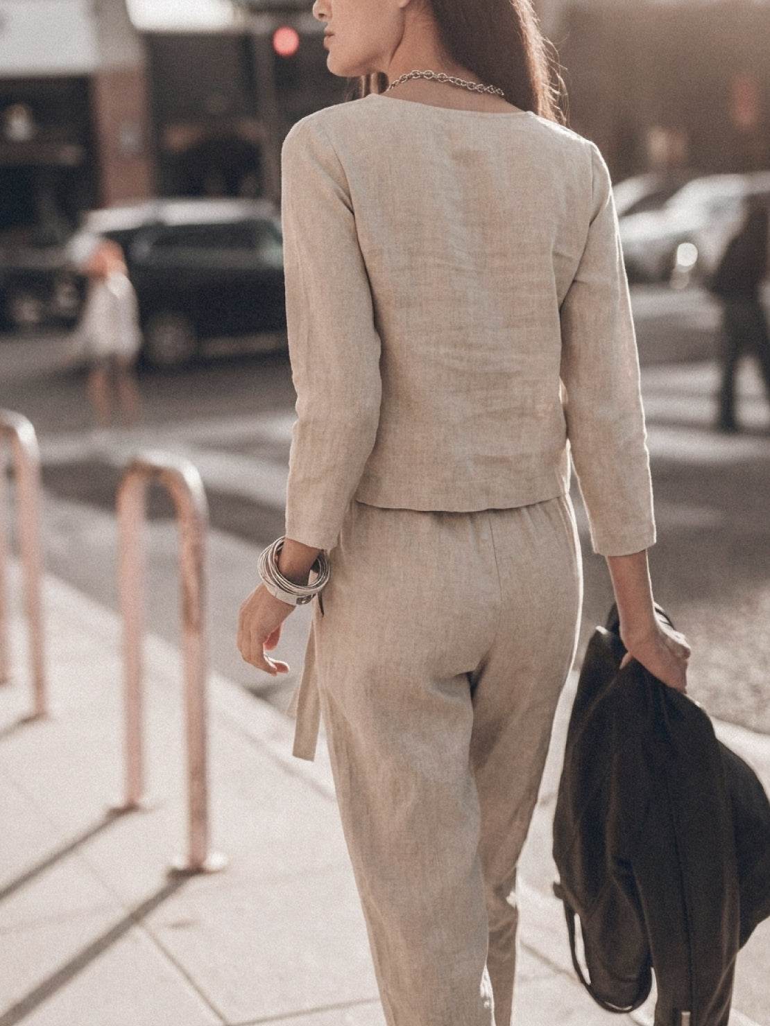 Woman wearing relaxed cotton-linen monochrome longline top and wide-leg pants set