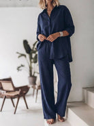 Model wearing oversized 100% cotton shirt and wide-leg pants co-ord set in relaxed fit