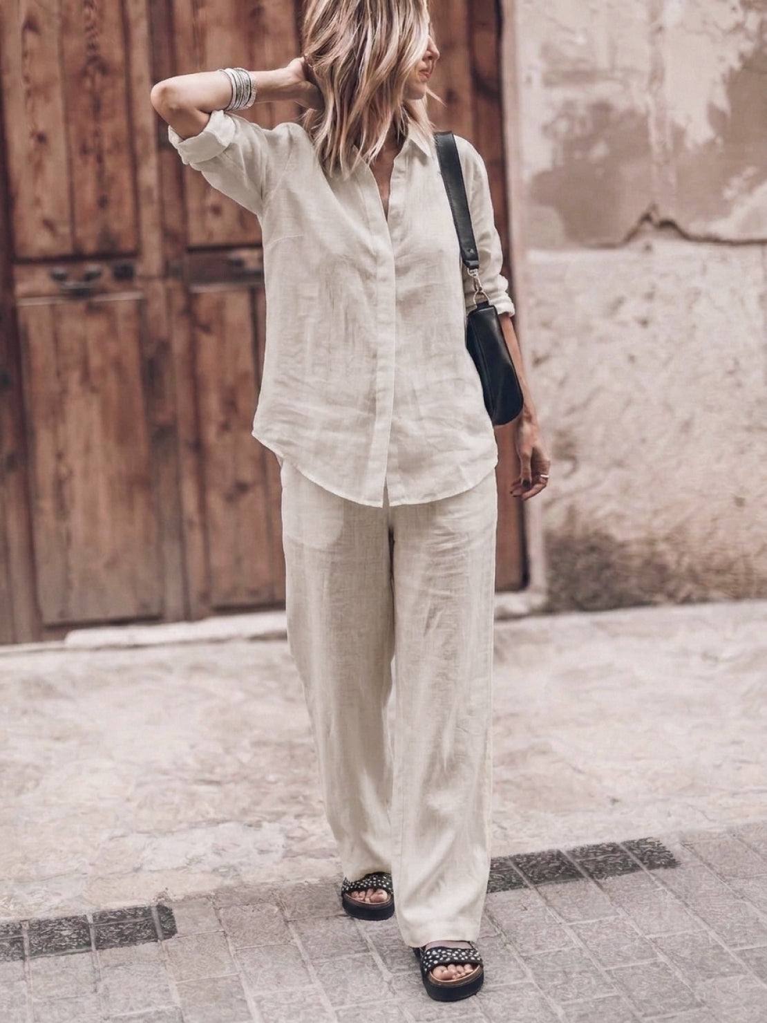Model wearing oversized 100% cotton shirt with wide-leg pants co-ord set in relaxed fit