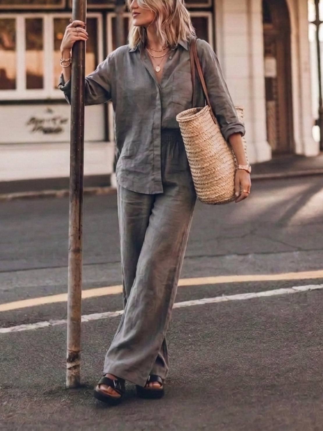 Model wearing oversized 100% cotton shirt and wide-leg pants co-ord set in relaxed fit