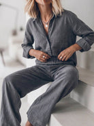 Model wearing oversized 100% cotton shirt and wide-leg pants co-ord set in relaxed, breathable fabric
