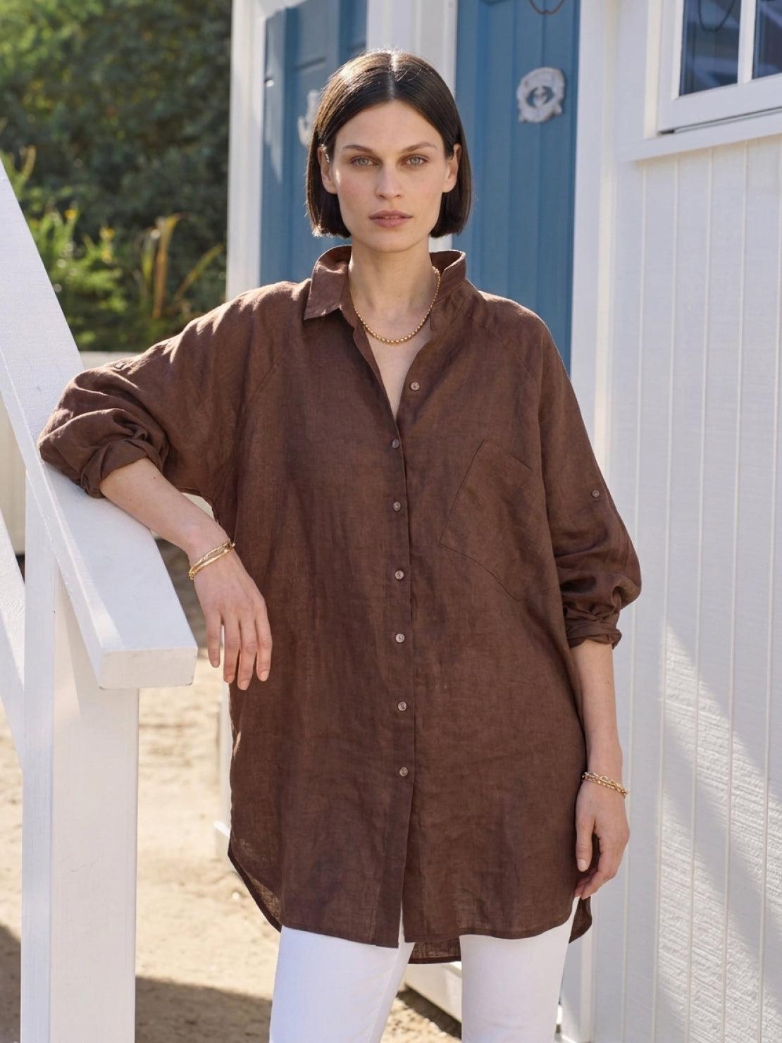 Oversized linen shirt in soft breathable cotton-linen blend with relaxed fit and button back detailing