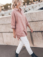 Relaxed oversized 100% cotton linen shirt with dropped shoulders and back pleat detail