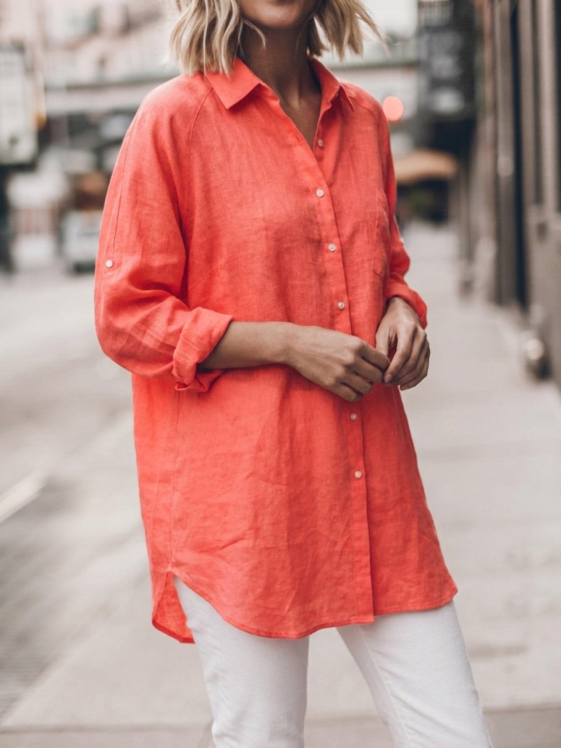 Oversized 100% cotton linen shirt with relaxed fit, dropped shoulders, and back pleat detail