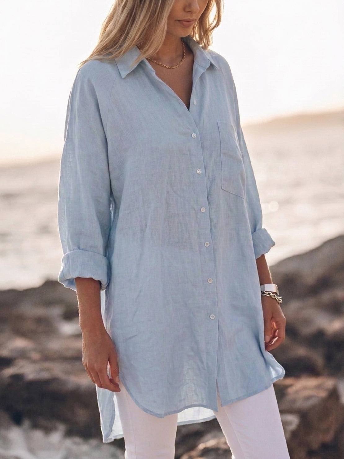 Relaxed oversized 100% cotton linen shirt with dropped shoulders and back pleat detail