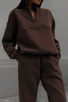 Classic Airplane Set brown cotton blend pullover and joggers tracksuit with zipper collar and tapered ankle fit