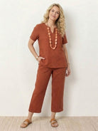 Women’s breezy cotton blend two-piece set with short-sleeved shirt and elastic waist pants for summer comfort and versatile style