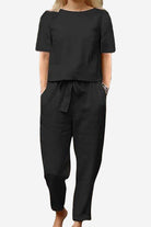 Cotton-linen blend monochrome two-piece set with relaxed fit and breathable fabric