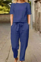 Cotton-linen blend breathable monochrome two-piece set with relaxed fit and soft drape