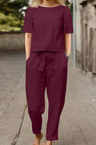 Cotton-linen blend monochrome two-piece set with breathable, soft fabric and relaxed fit.