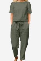 Cotton-linen blend monochrome two-piece set with breathable, soft fabric and relaxed fit