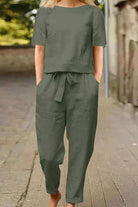 cotton-linen blend monochrome two-piece set breathable soft fabric summer outfit