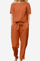 Cotton-linen blend monochrome two-piece set with breathable, relaxed fit fabric
