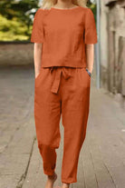 Cotton-linen blend monochrome two-piece set with breathable, soft fabric and relaxed fit