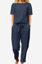 Cotton-linen blend breathable monochrome two-piece set for women