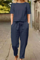 Cotton-linen blend monochrome two-piece set with relaxed fit and breathable fabric