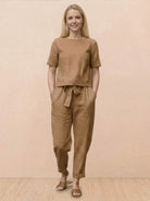 Cotton-linen blend monochrome two-piece set with breathable natural fabrics for summer comfort